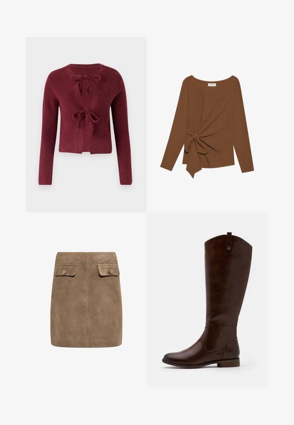 Burgundska pletena jopica z dolgimi rokavi, globokim V-izrezom in vezanjem spredaj. Teksturirana tkanina z mehkobo na otip.; Rjava dolgosleeve majica z širokim izrezom in vozlom na eni strani, izdelana iz mehkega, teksturiranega blaga.; Rjava semi krila iz jasnega sued materiala z gladko teksturo, ki imata spredaj dva žepa z flapom in gumbom na vsaki strani. Preprost, raven dizajn.; Rjave škornje do kolen, izdelane iz gladkega usnja, z zaobljenim nosom, nizkim naloženim peto in diskretnim šivanim vzorcem ob straneh.