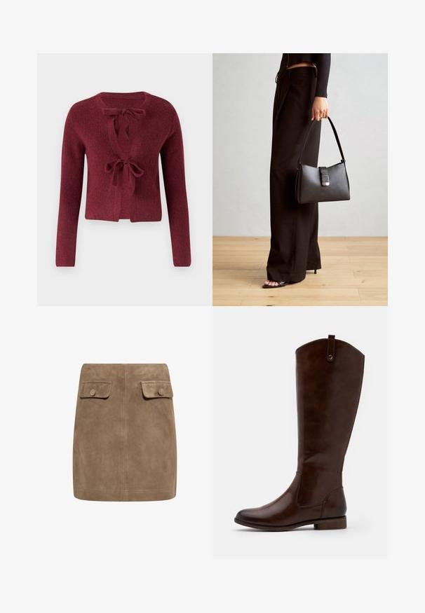 Burgunderfarbener Strickcardigan mit langen Ärmeln, tiefem V-Ausschnitt und einer Bindeschließe vorne. Strukturiert mit einem weichen Erscheinungsbild.; Brauner Langarm-Top mit weitem Ausschnitt und Knoten-Detail auf einer Seite, aus weichem, strukturiertem Stoff.; Brauner Wildleder-Minirock mit glatter Textur, ausgestattet mit zwei vorderen Klappentaschen und Druckknopfverschlüssen an beiden Seiten. Schlichtes, gerades Design.; Braune kniehohe Stiefel aus glattem Leder, mit runder Zehenform, niedrigem Blockabsatz und einem dezente Stichmuster an den Seiten.; Schwarze Handtasche mit strukturierter Form, glatter Textur und einem metallischen Verschluss. Kombiniert mit weiten schwarzen Hosen und offenen Sandalen auf einem Holzboden.