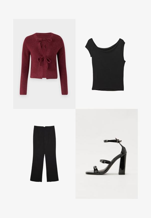 Cardigan lavorato a maglia color bordeaux con maniche lunghe, scollo a V profondo e chiusura con lacci sul davanti. Tessuto strutturato con un aspetto morbido.; Top nero a maniche corte realizzato in tessuto liscio; presenta un colletto drappeggiato e un orlo asimmetrico, con una vestibilità aderente.; Pantaloni neri a gamba dritta, con tasche frontali e spacchi laterali all'orlo. Realizzati in tessuto morbido e liscio. Adatti a diverse occasioni.; Sandali con tacco in vernice nera, con punta squadrata, cinturini alla caviglia e fibbie in argento. Presentano un tacco a blocco spesso per maggiore stabilità.