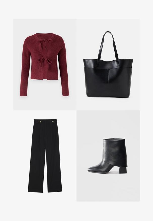 Burgundy knitted cardigan featuring long sleeves, a deep V-neck, and a tie closure at the front. Textured fabric with a soft appearance.; Short white t-shirt made of cotton with short sleeves, a round neckline, and a straight hem, featuring a smooth texture and minimal design.; Black wide-leg trousers with high waist, button details on waistband, and front pleats.; Black leather ankle boot with a pointed toe, smooth texture, and a structured block heel. Features a high, folded cuff design.; Black leather tote bag with two long handles, a smooth texture, and a structured shape. Features a front pocket for additional storage.