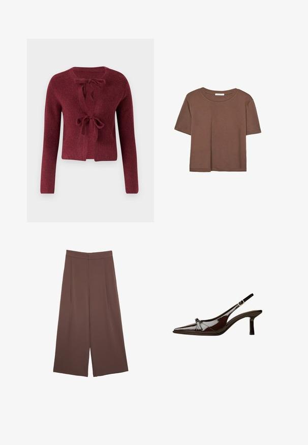Cardigan lavorato a maglia color bordeaux con maniche lunghe, scollo a V profondo e chiusura con lacci sul davanti. Tessuto strutturato con un aspetto morbido.; Maglietta a maniche corte marrone realizzata in tessuto morbido, con scollatura rotonda e vestibilità rilassata. Nessun motivo o dettaglio visibile.; Pantaloni ampi marroni con una texture liscia, caratterizzati da una vita alta e pieghe frontali. Il tessuto è leggero e scorre liberamente.; Scarpa slingback in pelle verniciata marrone con punta appuntita, tacco basso e un accentuato fiocco decorativo nella parte anteriore. Texture liscia e lucente.