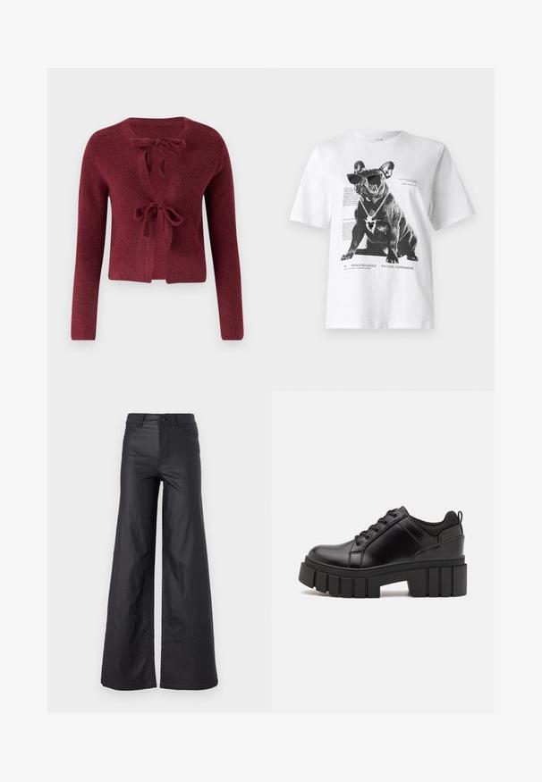 Cardigan en tricot bourgogne avec des manches longues, un décolleté en V profond et une fermeture à nouer à l'avant. Tissu texturé avec une apparence douce.; T-shirt graphique blanc avec un bulldog français noir portant des lunettes de soleil et un collier en forme de cœur, avec du texte imprimé et des détails de design.; Pantalons larges noirs en simili cuir. Dotés d'une taille haute, de passants de ceinture, de deux poches avant et de détails cousus.; Chaussures à plateforme en cuir noir avec un talon bloc épais, bout rond et un design traditionnel à lacets. Elles présentent une texture lisse et un détail minimal.