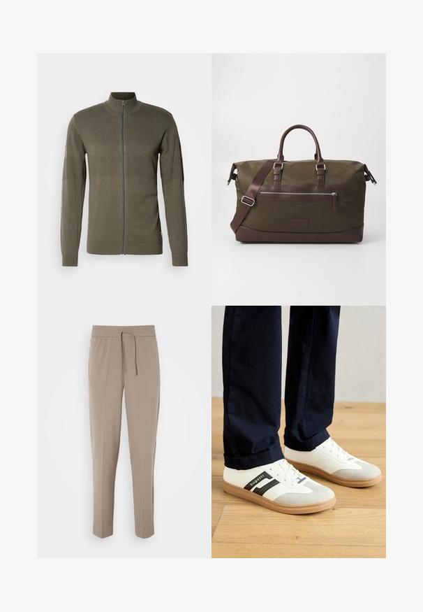 Zipper-jakke i olivengrøn med teksturerede paneler, lange ærmer og opretstående krave. Fremstillet af et glat strikstof.; Sæt af fem t-shirts i sort, hvid og marineblå. 100% bomuldsstof, korte ærmer, rund halsudskæring og ensartet overflade uden mønstre.; Lys beige bukser med elastisk talje, justerbar snor og tapered ben. Stoffet ser glat ud med en let glans.; Hvide og grå sneakers med sorte striber, lavet af læder, med gummisål og flade snørebånd. Båret med marineblå bukser på et trægulv.; Canvas duffel bag i olivengrøn med brune læderdetaljer, der har dobbelte hanke, en aftagelig skulderrem og en frontlomme med lynlås.