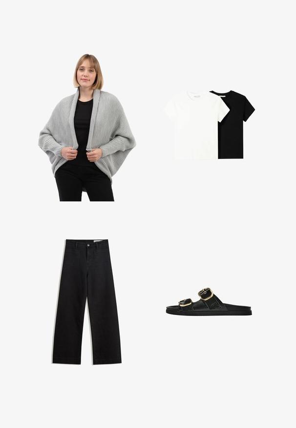 Cardigan lavorato a maglia grigio chiaro con texture a coste, aperto davanti e maniche lunghe. Presenta una vestibilità rilassata e un design drappeggiato.; Due magliette a maniche corte, una bianca e una nera, realizzate in cotone. Entrambe presentano un colletto rotondo e un design semplice e classico.; Pantaloni in denim neri a gamba larga con vita alta, dotati di tasche anteriori e posteriori, cuciture a punto, e chiusura con bottone. Texture liscia.; Infradito neri con due accenti di fibbia dorata, materiale dalla texture liscia, suola piatta e design minimalista.