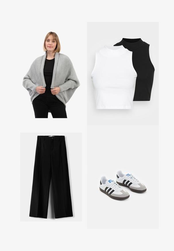 Lys grå strikket cardigan med ribbet tekstur, åben front og lange ærmer. Har en afslappet pasform og draperet design.; To kjoleløse ribbede turtleneck-toppe i sort og hvid, med en tætsiddende design og glat tekstur, samt cropped længde.; Sorte brede bukser lavet af letvægtsstof, med frontknaplukning og glat front, samt pænt syede kanter.; Sportsko med en overdel i hvid læder, grå ruskind på tåen og tre sorte striber. Har et blåt logo på tungen og en struktureret gummisål.