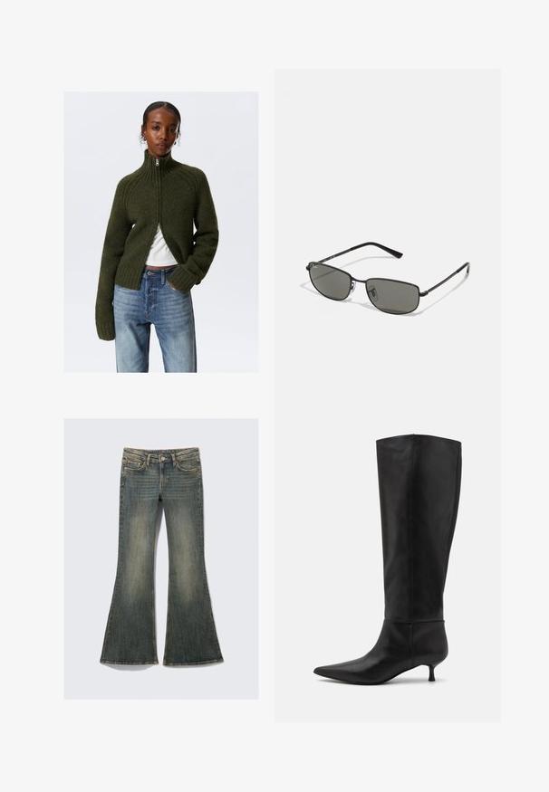 Dunkelgrüner, zuweisbarer Pullover mit geripptem Kragen und Bündchen. Weiche Textur, cropped Design, getragen über einem weißen Oberteil, kombiniert mit hellblauen Jeans.; Weißes T-Shirt mit kurzen Ärmeln aus Baumwolle. Es hat einen Rundhalsausschnitt, ein schlichtes Design und ein Logolabel am Kragen. Glatte Textur.; Ausgestellte Jeans aus Denim in einem blassen Blauton mit einem klassischen Fünf-Taschen-Design, das eine leichte Textur und sichtbare Nähte aufweist.; Knöchelhohe schwarze Lederstiefel mit einer spitz zulaufenden Zehenpartie und einem Kitten-Heel. Glatte Textur und minimalistisches Design ohne sichtbare Beschläge oder Akzente.; Schwarzmetallrahmen-Sonnenbrille mit rechteckigen Gläsern. Merkmale ein dünnes Design und graue getönte Gläser, die einen minimalistischen Stil zeigen.; Burgunderfarbene Ledertasche mit doppelten Griffen, texturiertem Material, seitlichen Reißverschlusstaschen und einer strukturierten Form. Mit silberfarbenen Hardware-Akzenten.
