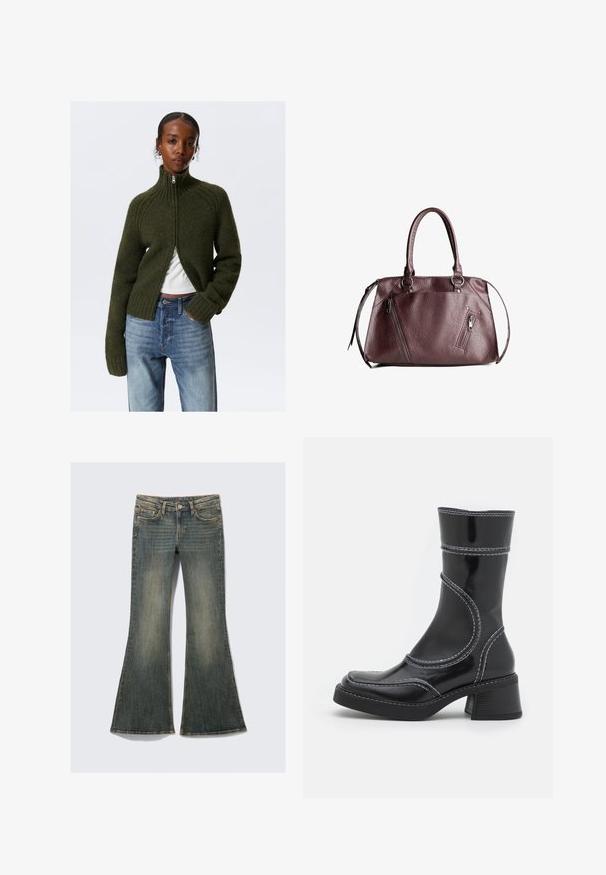 Dark green, zip-up sweater with ribbed collar and cuffs. Soft texture, cropped design, worn over a white top, paired with light blue jeans.; White short-sleeve t-shirt made of cotton, featuring a round neck and a straight hem. Minimalist design with no visible patterns or accents.; Flared denim jeans in a faded blue color with a classic five-pocket design, featuring a slight texture and visible stitching accents.; Black patent leather ankle boot with white stitching, rounded toe, and block heel. Features curved design lines and a smooth texture.; Burgundy leather handbag with dual handles, textured surface, side zip pockets, and a structured shape. Features silver-tone hardware accents.