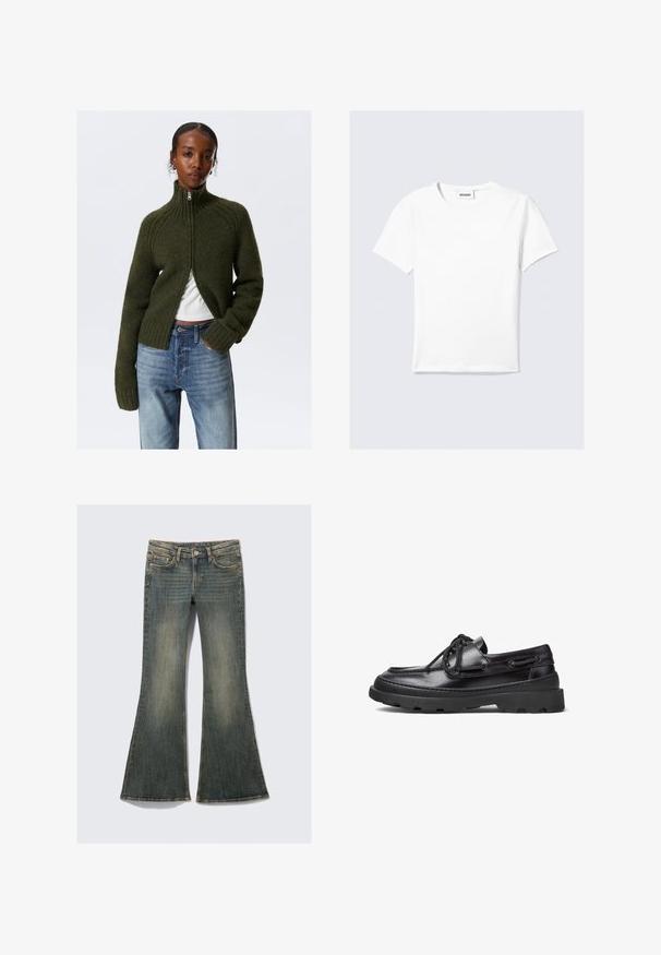 Dunkelgrüner, zuweisbarer Pullover mit geripptem Kragen und Bündchen. Weiche Textur, cropped Design, getragen über einem weißen Oberteil, kombiniert mit hellblauen Jeans.; Weißes kurzärmeliges T-Shirt aus Baumwolle, mit rundem Ausschnitt und geradem Saum. Minimalistisches Design ohne sichtbare Muster oder Akzente.; Ausgestellte Jeans aus Denim in einem blassen Blauton mit einem klassischen Fünf-Taschen-Design, das eine leichte Textur und sichtbare Nähte aufweist.; Schwarze Lederbootsschuhe mit runder Zehenpartie, Schnürdesign, gesteppten Akzenten und einer stabilen Gummisohle mit einem strukturierten Grip-Muster.