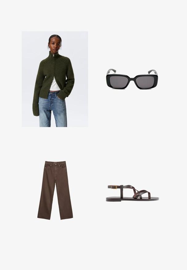 Donkergroene, ritssluiting trui met geribbelde kraag en manchetten. Zachte textuur, cropped ontwerp, gedragen over een witte top, gecombineerd met lichtblauwe jeans.; Korte mouwen T-shirt in bruin, gemaakt van een zachte stof, met een ronde halslijn en een relaxte pasvorm. Geen zichtbare patronen of accenten.; Brede bruine spijkerbroek van denim, met een hoge taille, voorzakken en een klassieke knoopsluiting. Soepele textuur met subtiele stiksels.; Bruine leren sandaal met kruisingen van banden, een enkelgesp-sluiting en een platte zool met minimale stikdetails.; Zwarte rechthoekige zonnebril met donkere lenzen, een gladde kunststof montuur en gebogen pootjes. Het ontwerp is robuust met een minimalistische esthetiek.