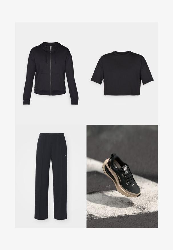 Felpa nera con zip, realizzata in tessuto morbido, dotata di cappuccio foderato, cordino, tasche frontali e polsini e orlo a costine.; T-shirt nero cropped realizzato in tessuto morbido, con scollatura rotonda e maniche corte e larghe, dal design semplice e senza cuciture.; Pantaloni da jogging neri Nike con cintura elastica e tasche laterali, caratterizzati da un piccolo logo bianco sulla gamba sinistra e un design a vestibilità dritta.; Scarpa da ginnastica nera con tomaia testurizzata, tacco rialzato e suola intermedia beige. Presenta lacci, logo laterale e soletta imbottita.
