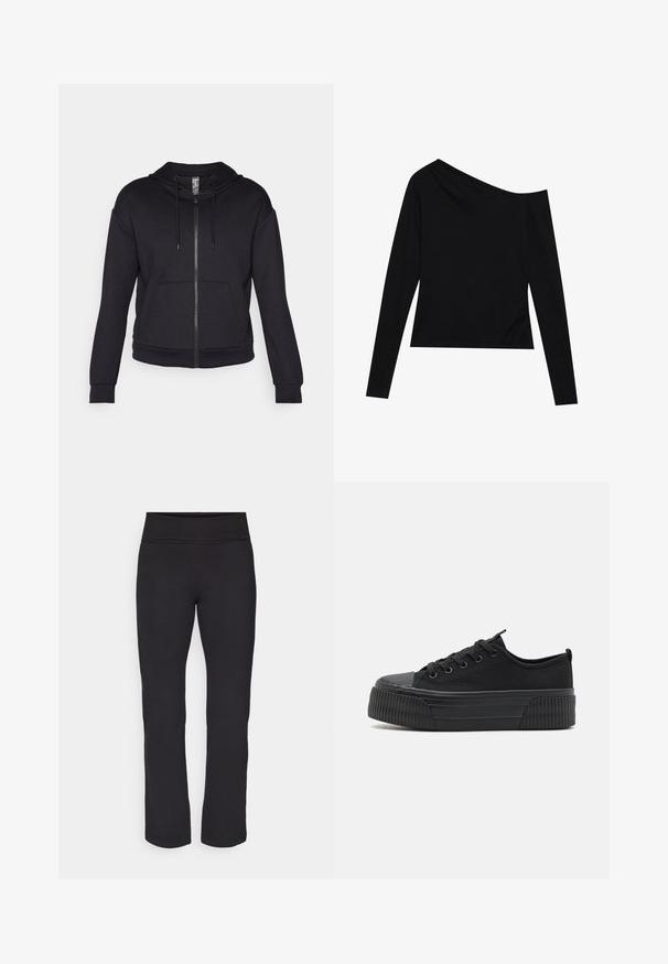 Čierna mikina na zips vyrobená z mäkkej tkaniny, so zateplenou kapucňou, sťahovacou šnúrkou, prednými vreckami a rebrovanými manžetami a spodným okrajom.; Čierny top s dlhými rukávmi, ktorý má asymetrický výstrih a priliehavý strih z jemnej, hladkej látky. Bez viditeľných vzorov alebo kovania.; Čierne legíny s hladkým, elastickým materiálom a širokým pásom. Majú rovné, celkovou dĺžkou nohy a žiadne viditeľné vzory ani akcenty.; Čierne plátené tenisky s drážkovou gumovou podrážkou, zaoblenou špičkou a šiestimi okami. Hladký povrch s kontrastným drážkovaným detailom na spodnej strane.