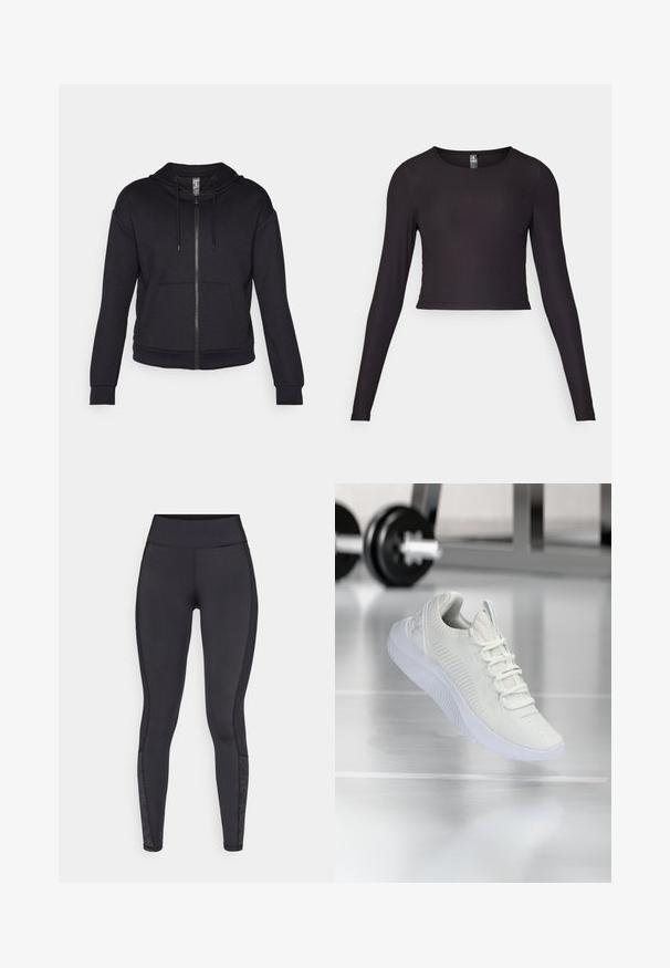 Black zip-up hoodie made of soft fabric, featuring a lined hood, drawstring, front pockets, and ribbed cuffs and hem.; Black long-sleeve cropped top made of ribbed fabric. Features a round neckline and fitted silhouette with textured surface.; Black leggings made from stretchy material. High-rise waistband, smooth texture, featuring patterned accents at the lower leg.; White athletic sneaker with a textured mesh upper and lacing system, featuring a cushioned white sole and subtle ribbed accents.