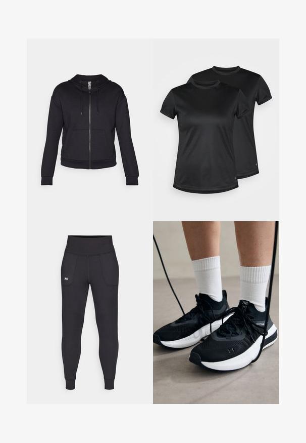 Schwarze Zip-Hoodie aus weichem Stoff, mit gefütterter Kapuze, Zugkordel, Fronttaschen und gerippten Bündchen sowie Saum.; Schwarze kurzärmelige T-Shirts aus glattem, atmungsaktivem Stoff mit rundem Halsausschnitt. Zwei Shirts werden gezeigt, beide mit einem dezenten Logo-Detail.; Schwarze Sportleggings aus dehnbarem Material, mit hohem Taillenbund, seitlichen Taschen und schmalen Bündchen am Knöchel.; Schwarze Sportschuhe aus strukturiertem Stoff, mit weißer Sohle und schwarzen Schnürsenkeln. Tragen mit weißen gerippten Socken, stehen auf einer hellen Fläche.