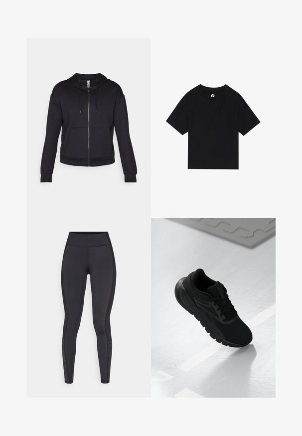 Felpa nera con zip, realizzata in tessuto morbido, dotata di cappuccio foderato, cordino, tasche frontali e polsini e orlo a costine.; T-shirt nero a maniche corte con texture a coste, scollatura a girocollo e maniche raglan. Presenta un piccolo logo bianco sul colletto.; Leggings neri realizzati in materiale elasticizzato. Vita alta, texture liscia, con dettagli decorativi nella parte inferiore della gamba.; Scarpa sportiva nera con tomaia in rete, punta rotonda, suola imbottita e dettagli texturizzati, posizionata su una superficie bianca liscia.