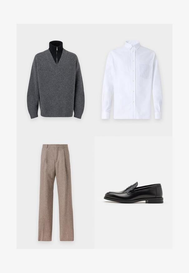Tmavě šedý svetr s V výstřihem, vrstvený přes černý zipový rolák s žebrovanými manžetami a lemem, vystavený na bílém pozadí.; Bílá dlouhá košile s knoflíky vyrobená z bavlny, která má náprsní kapsu s tónovanou výšivkou, límec a knoflíkové manžety.; Hnědé kalhoty s vysokým pasem vyrobené z texturované látky. Mají široké nohavice a dva přední sklady pro strukturu. Úhledné provedení bez viditelné kovových částí.; Černé kožené polobotky s hladkou texturou, zaoblenou špičkou a zdobným páskem přes nárt. Nízký stohovaný podpatek, minimalistický design.