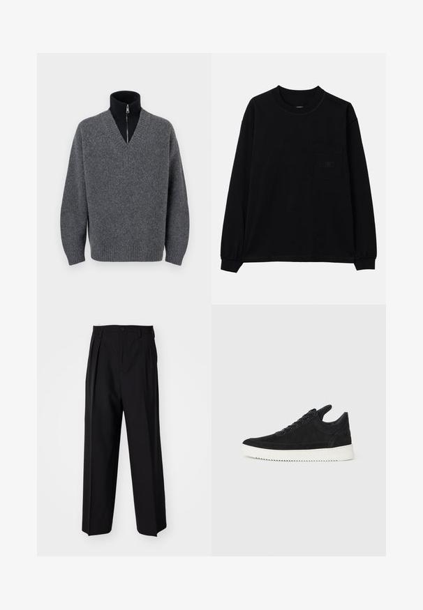 Dunkelgrauer V-Ausschnitt-Pullover, über einem schwarzen Reißverschluss-Stehkragenpullover mit gerippten Bündchen und Saum, auf weißem Hintergrund präsentiert.; Schwarzes Langarm-T-Shirt aus Baumwolle mit Rundhalsausschnitt, einer Brusttasche links und elastischen Bündchen. Minimalistisches Design ohne Muster.; Schwarze, plissierte Hose mit geradem, weitem Bein. Hergestellt aus glattem Stoff, mit Knopfverschluss und Gürtelschlaufen.; Schwarze Wildleder-Sneaker mit einer weißen Gummisohle, die sich durch elegante Nähte und ein schnürbares Design auszeichnen. Glatte Textur mit einer modernen, stromlinienförmigen Form.
