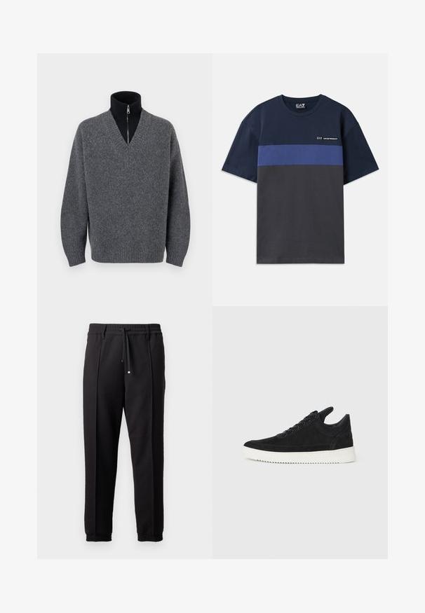 Tmavosivý sveter s výstrihom do V položený na čiernom zip-up roláku s rebrovanými manžetami a spodným okrajom, zobrazený na bielom pozadí.; Navy modrá bavlnená tričko s horizontálnym modrým prúžkom a uhlíkovou spodnou časťou. Obsahuje malé logo na hornej ľavej strane.; Čierne nohavice s pásom, šnúrkou na stiahnutie a elastickými manžetami. Obsahujú pútkové prešitia a hladkú, textúrovanú látku.; čierne semišové tenisky s bielou gumovou podrážkou, s tonálnym prešívaním a šnurovaním. Hladká textúra s moderným, zjednodušeným tvarom.