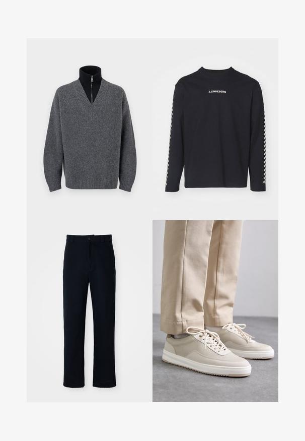 Sötétszürke V nyakú pulóver fekete, cipzáros garbó fölé rétegezve, bordázott mandzsettával és hemel, fehér háttér előtt kiállítva.; Hosszú ujjú fekete póló, amely 100% pamutból készült, kerek nyakkivágással és J.Lindeberg logóval a mellkason, az ujjakon pedig kockás minta található.; Sötétkék pamut nadrág, egyenes szárú fazonnal, elülső gombos záródással és klasszikus derékkal, övhurkokkal.; Beige sportcipők textúrált felsőrésszel, fehér talpakkal és varrott részletekkel, bézs nadrággal párosítva, szürke felületen bemutatva.