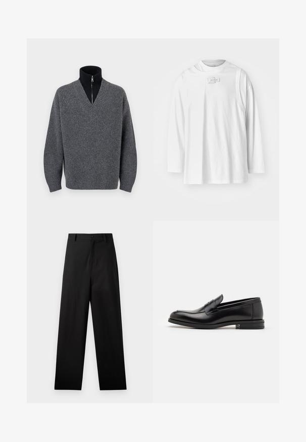 Tumši pelēks V veida kakla džemperis, slāņots virs melna rāvējslēdzēja augstās apkakles blūzes ar ribotām piedurknēm un apakšmalu, izlikts uz baltas fona.; Feng Chen Wang DECONSTRUCTION UNISEX - Tops ar garām piedurknēm - white; Melnas kokvilnas bikses ar taisnās kājas dizainu, kurām ir priekšējā pogu aizdare un sānu kabatas. Gluda tekstūra, bez rakstiem.; Melnas ādas kurpes ar gludu tekstūru, noapaļu purngalu un dekoratīvu siksniņu pāri priekšpusei. Zems sakrauts papēdis, minimālisma dizains.