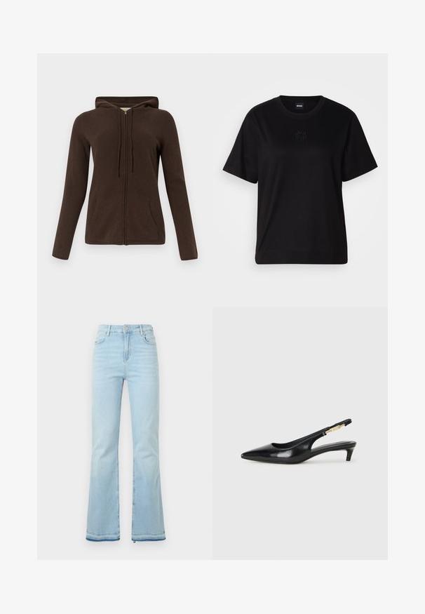 Barna zipzáros kapucnis pulcsi, húzózsinórral, hosszú ujjakkal, oldal zsebekkel és puha tapintással. A dizájn egyszerű és praktikus.; Fekete pamut póló kerek nyakkivágással, rövid ujjakkal és hímzett logóval a mellkasán. Egyszerű, laza szabás, minta nélkül.; Világoskék, trapéz fazonú farmernadrág, magas derékkal, elülső zsebekkel és nyers szegéllyel a szárakon, amely laza megjelenést kölcsönöz.; Fekete bőr slingback magassarkúk, hegyes orral, vékony sarkakkal és arany színű részlettel a állítható pánton. Simа felület.