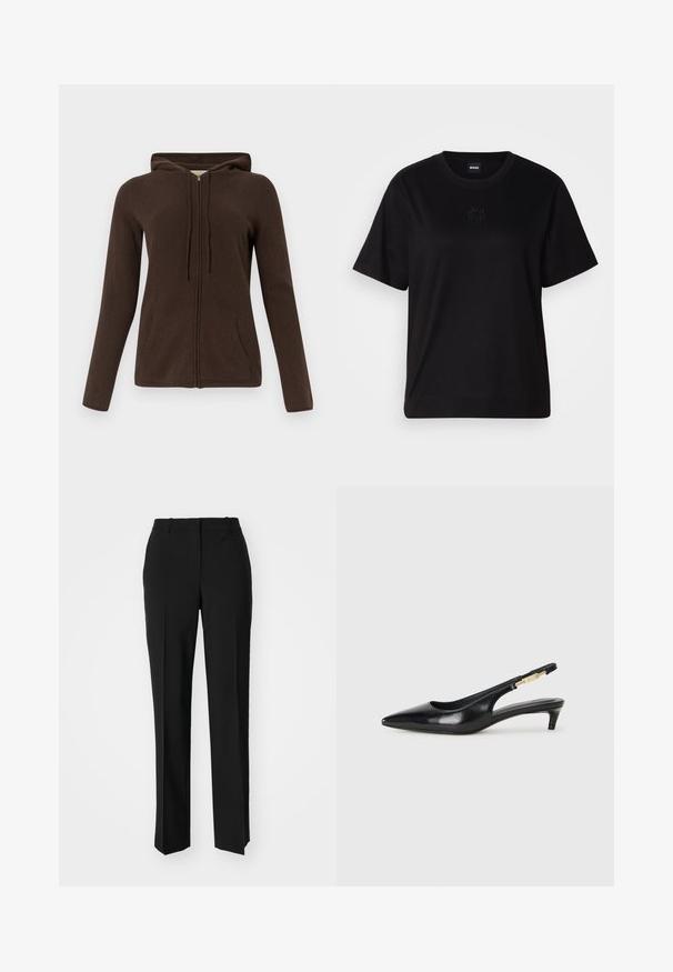 Sudadera con cremallera marrón con capucha ajustable, mangas largas, bolsillos laterales y una textura suave. El diseño es simple y funcional.; Camiseta de algodón negra con cuello redondo, mangas cortas y un logo bordado en el pecho. Ajuste simple y relajado sin patrones.; Pantalones negros ajustados con un diseño de pierna recta, que presentan una textura suave y pliegues nítidos en el frente. Sin herrajes visibles.; Tacones negros de piel sintética tipo slingback con punta afilada, que cuentan con un tacón delgado y un detalle en tono dorado en la correa ajustable. Textura suave.