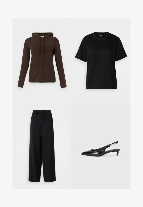 Hnedá mikina na zips s kapucňou so šnúrkou, dlhými rukávmi, bočnými vreckami a mäkkou textúrou. Dizajn je jednoduchý a funkčný.; Čierne bavlnené tričko s okrúhlym výstrihom, krátkymi rukávmi a vyšívaným logom na hrudi. Jednoduchý, voľný strih bez vzorov.; Čierne široké nohavice vyrobené z hladkej tkaniny, s plochým predným dizajnom, plisovanými detailmi a pútkami na opasok v páse.; Čierne kožené slingback opätky s špicatou špičkou, s úzkym opätkom a zlatým detailom na nastaviteľnom remienku. Hladká textúra.