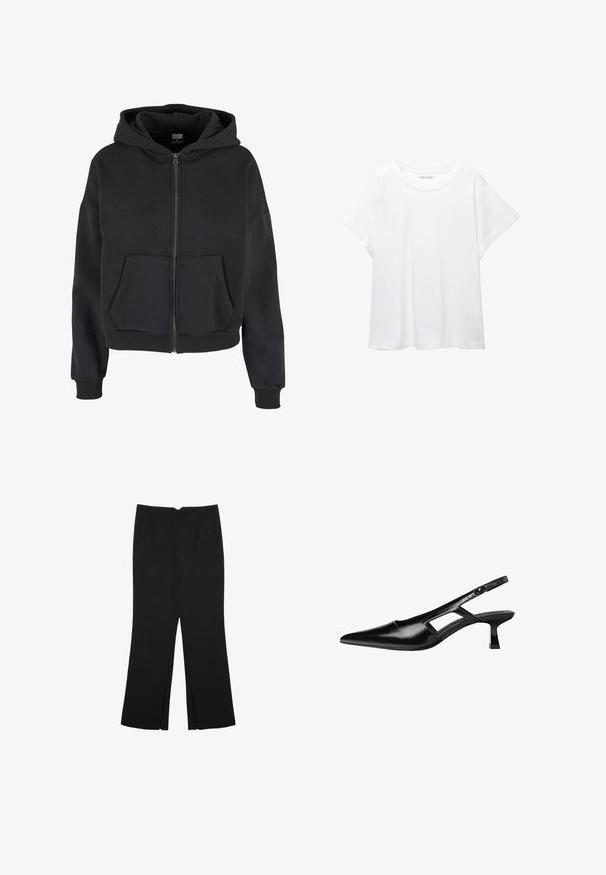 Černá mikina na zip s kapucí na šňůrku, dvěma předními kapsami, žebrovanými manžetami a měkkou texturou, navržená pro pohodlí a teplo.; Bílý tričko vyrobené z měkké, lehké tkaniny. Má kulatý výstřih a krátké, široké rukávy s uvolněným střihem. Bez viditelných vzorů.; Černé kalhoty s rovným střihem, s předními kapsami a bočními rozparky na lemu. Vyrobené z jemné, hladké tkaniny. Vhodné na různé příležitosti.; Černé lakované lodičky na podpatku se špičatou špičkou, výřezovým designem na boku a malým čtvercovým podpatkem. Hladká textura s minimálními akcenty.