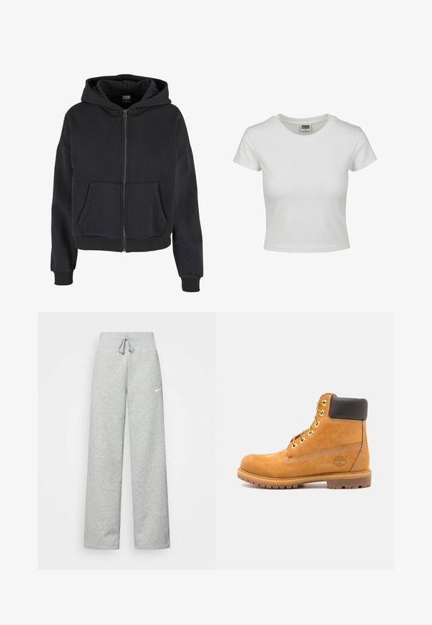 Sudadera negra con cremallera, capucha con cordón, dos bolsillos frontales, puños acanalados y una textura suave, diseñada para la comodidad y el calor.; Camiseta de algodón blanca con cuello redondo clásico, mangas cortas y forma ajustada. Sin patrones ni acentos visibles.; Pantalones de chándal grises con cintura elástica, detalle de cordón y un pequeño logo blanco de Nike en el muslo izquierdo. Tejido suave, de corte holgado.; Botín de cuero marrón con acolchado negro, ojales dorados y suela texturizada. Presenta un logotipo circular en el costado y acentos de costura.