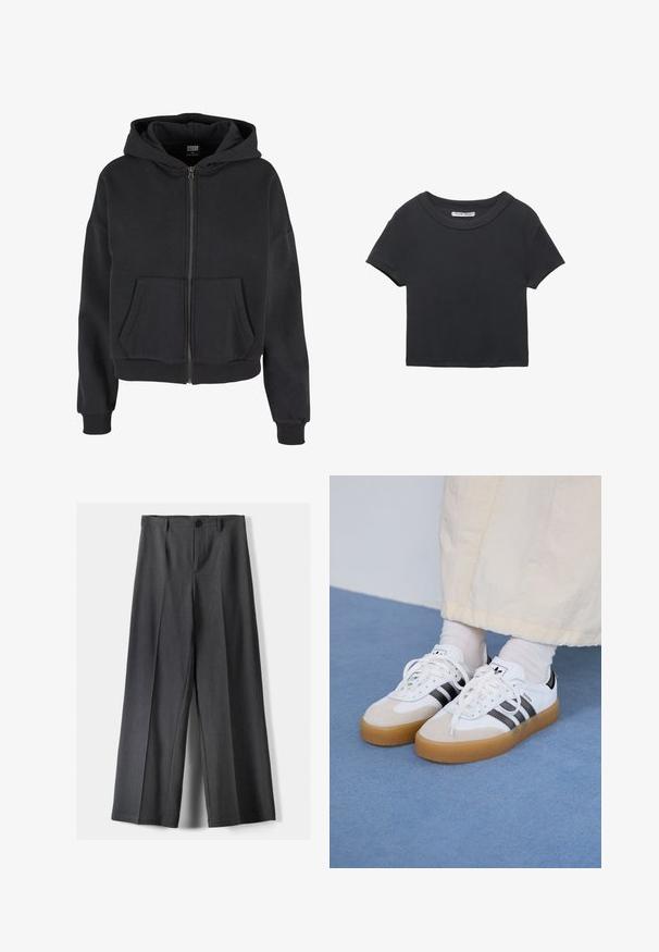 Čierna mikina na zips s kapucňou so šnúrkou, dvoma prednými vreckami, rebrovanými manžetami a mäkkou textúrou, navrhnutá pre pohodlie a teplo.; Čierne skrátené tričko vyrobené z rebrovanej látky. Má okrúhly výstrih a krátke rukávy. Jednoduchý dizajn bez vzorov alebo akcentov.; Široké nohavice z tmavosivej látky, ktoré majú gombíkový uzáver, predné skladanie a pútka na opasok. Hladká textúra s elegnatným strihom.; Biele tenisky s čiernymi pruhmi a béžovými semišovými detailmi. Majú textúrovanú gumovú podrážku a ploché biele šnúrky, kombinované s svetlými ponožkami.