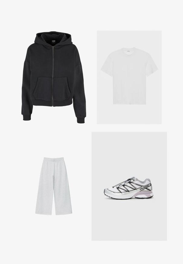 Svart zip-up hoodie med dragsko på huvan, två framfickor, ribbade ärmslut och en mjuk textur, designad för komfort och värme.; Vit bomulls t-shirt med korta ärmar, rund halsringning och avslappnad passform. Slät textur och inga synliga mönster eller detaljer.; Ljusgrå vida byxor i mjukt tyg med elastisk midja. Designen har en lös passform för komfort och rörelsefrihet.; Löparskor med ett lätt, vitt meshtyg, silverdetaljer och svart snörningssystem; har en texturerad sula för bra grepp.
