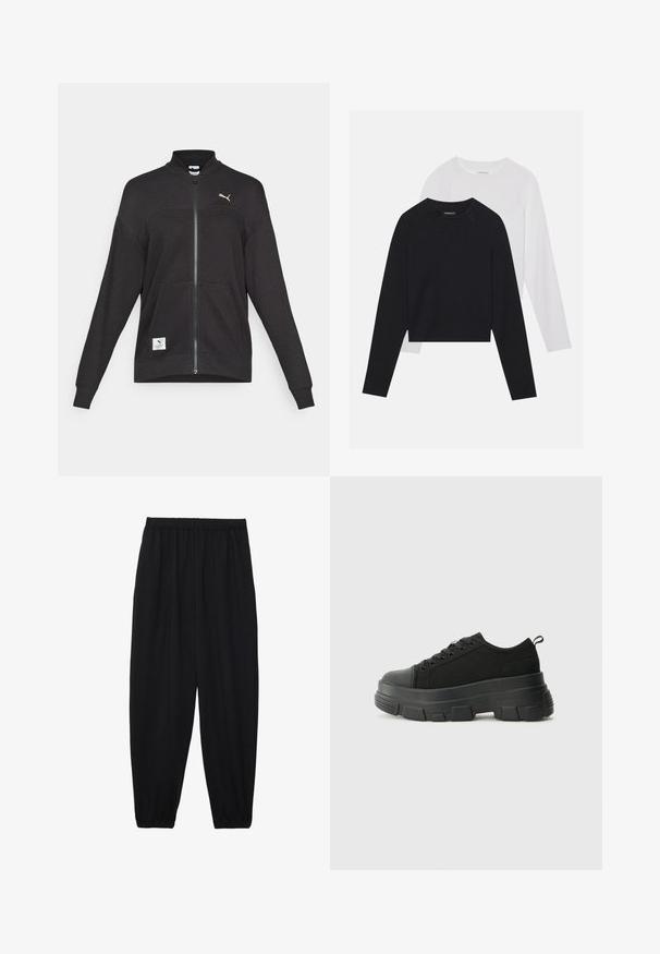 Mustallinen Puma täispikk tõmblukuga jakk, millel on ribakujuline tekstuur, kaks esipaneeli taskut, kõrge kaelus ning valge Puma logo rinnal ja vasakus alaküljel.; Kaks pikade varrukatega särki: üks must ja teine valge. Mõlemal on ümar kaelus, raglanvarrukad ja pehme puuvillasegu kangas.; Mustad, kerge kangas püksid elastse vöökoha ja kokku volditud pahkluudega. Kanga pind on sile ja disain on lõdvestunud, kitsenev.; Mustad mustad mustikad, millel on tugev kummist põhi, tekstuuriga kangast pealis, ümar varvas ja seotud disain. Omab tugevdatud silmuseid ja tagumist tõmbeotsta.