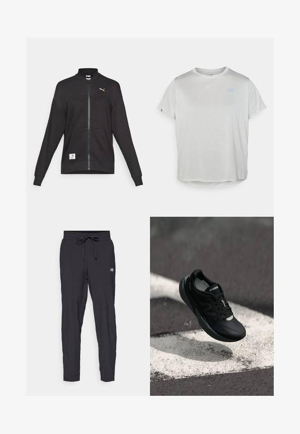 Casaco preto da Puma com fecho total, textura canelada, dois bolsos frontais, gola alta e logotipo da Puma branco no peito e no canto inferior esquerdo.; T-shirt atlético cinza-claro de mangas curtas com um tecido de malha texturizada e um logótipo azul subtil na frente. Barra arredondada na parte inferior.; Calças de corrida pretas feitas de material leve, com cintura elástica e cordão ajustável. Apresenta um pequeno logotipo na lateral.; Sapatilha de corrida preta com um cabedal texturizado, design elegante e detalhes reflexivos. Apresenta uma sola macia e acolchoada para maior conforto.