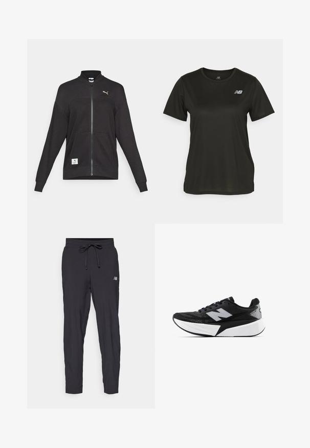 Black Puma full-zip jacket with ribbed texture, two front pockets, high collar, and white Puma logo on chest and bottom left.; Black short-sleeve T-shirt made of smooth fabric, featuring a round neckline and a reflective white logo on the left chest.; Black track pants made of lightweight material with an elastic waistband and adjustable drawstring. Features a small logo on the side.; Black and white New Balance running shoe with thick sole, mesh upper, and "N" logo on the side, viewed from the outer side.