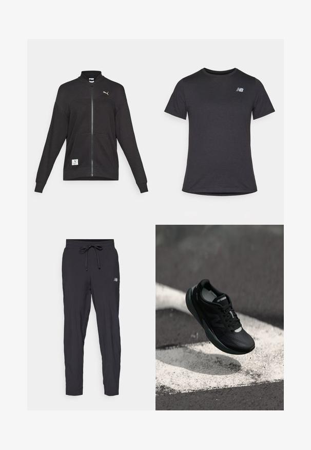 Melnas Puma pilna rāvējslēdzēja jaka ar ribotu tekstūru, divām priekšējām kabatām, augstu apkakli un balto Puma logo uz krūtīm un apakšējā kreisajā stūrī.; Melnas īsām piedurknēm T-krekls, izgatavots no mīksta auduma, ar nelielu pelēku New Balance logo kreisajā augšējā krūtīs, klasiskā apaļā kakla dizainā.; Melnas sporta bikses, izgatavotas no viegla materiāla, ar elastīgu jostu un regulējamu auklu. Uz sāniem ir neliels logo.; Melnas skriešanas kurpes ar teksturētu augšdaļu, glītu dizainu un atstarojošiem akcentiem. Iekļauj mīkstu, spilventiņu zoli komfortam.