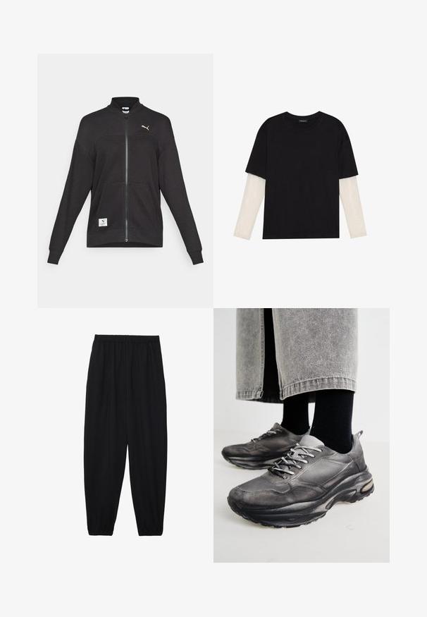 Schwarze Puma Full-Zip-Jacke mit gerippter Textur, zwei Fronttaschen, hohem Kragen und weißem Puma-Logo auf der Brust und unten links.; Schwarzes T-Shirt aus Baumwolle mit kurzen Ärmeln über einer weißen Langarmschicht, die ein dezentes strukturiertes Muster aufweist. Rundhalsausschnitt.; Schwarze, leichte Hosen mit einem elastischen Bund und gerafften Knöcheln. Der Stoff ist glatt und hat ein entspanntes, schmal zulaufendes Design.; Schwarze und graue Sportschuhe verfügen über ein Obermaterial aus Mesh, dicke Sohlen und Schnürsenkel. Sie haben eine abgerundete Zehenpartie und sichtbare Dämpfungsdetails.