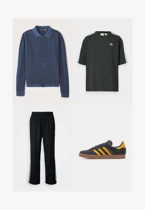 Mørkeblå langermet cardigan med knappestolpe, krage og ribbestrikkede mansjetter, laget av myk, strukturert stoff.; Svart t-skjorte i bomull med korte ermer, rund hals og hvite trestripesdetaljer på skuldrene. Har en liten hvit logo på brystet.; Sorte treningsbukser med elastisk midjebånd, med hvite sidestiper og en liten logo. Materialet ser mykt og lett ut.; Sort skinnesko i svart semsket skinn med gule detaljer, med tre striper og en brun gummisåle. Inkluderer en polstret tunge for komfort.