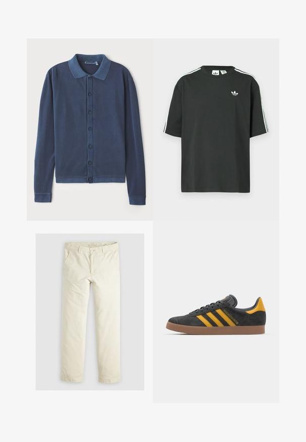 Pārslogāts jūras zila krāsas garas piedurknes kardigāns ar pogu aizdari, apkakles izgriezumu un ribotām piedurknēm, izgatavots no mīkstas, teksturētas auduma.; Melna kokvilnas T-krekls ar īsām piedurknēm, apaļu kakla izgriezumu un baltām trim svītrām uz pleciem. Uz krūtīm neliels balts logo.; Gaiši beigu brīvi pieguļoši bikses ar trim kabatām, jostu cilpām un taisnu kāju dizainu. Izgatavotas no mīksta kokvilnas auduma maisījuma.; Melnas zamšādas kedas ar dzelteniem akcentiem, kurām ir trīs svītras un brūna gumijas zole. Iekļauta mīksta valkāšanas tongue komfortam.