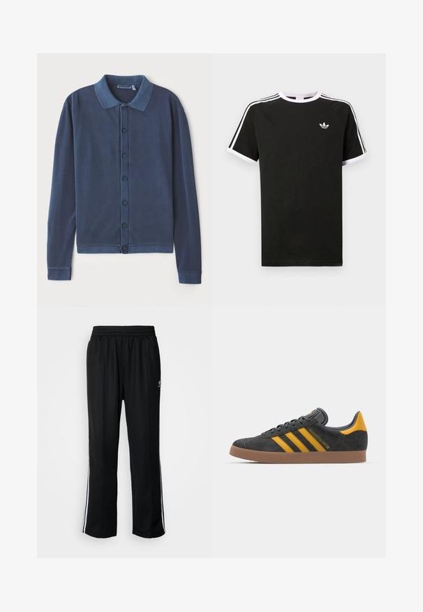 Cardigan de mangas compridas azul-escuro com fecho de botão, gola colarinho e punhos canelados, feito de um tecido suave e texturizado.; T-shirt preta feita de algodão com detalhes em branco. Apresenta mangas curtas, design raglan, e um pequeno logótipo no peito. Três riscas brancas nos ombros.; Calças atléticas pretas com um cós elástico, apresentando riscas brancas laterais e um pequeno logótipo. O material parece macio e leve.; Tenis em camurça preta com detalhes amarelos, apresentando três riscas e uma sola de borracha castanha. Inclui uma língua acolchoada para maior conforto.