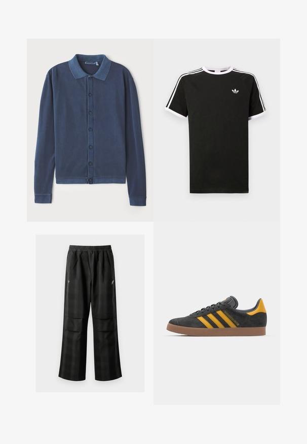 Mørkeblå langermet cardigan med knappestolpe, krage og ribbestrikkede mansjetter, laget av myk, strukturert stoff.; Svart t-skjorte laget av bomull med hvite detaljer. Har korte ermer, raglan-design og en liten logo på brystet. Tre hvite striper på skuldrene.; Svarte rutete bukser med elastisk midje, to frontlommer og løs passform med rett ben-design. Laget av lett materiale.; Sort skinnesko i svart semsket skinn med gule detaljer, med tre striper og en brun gummisåle. Inkluderer en polstret tunge for komfort.