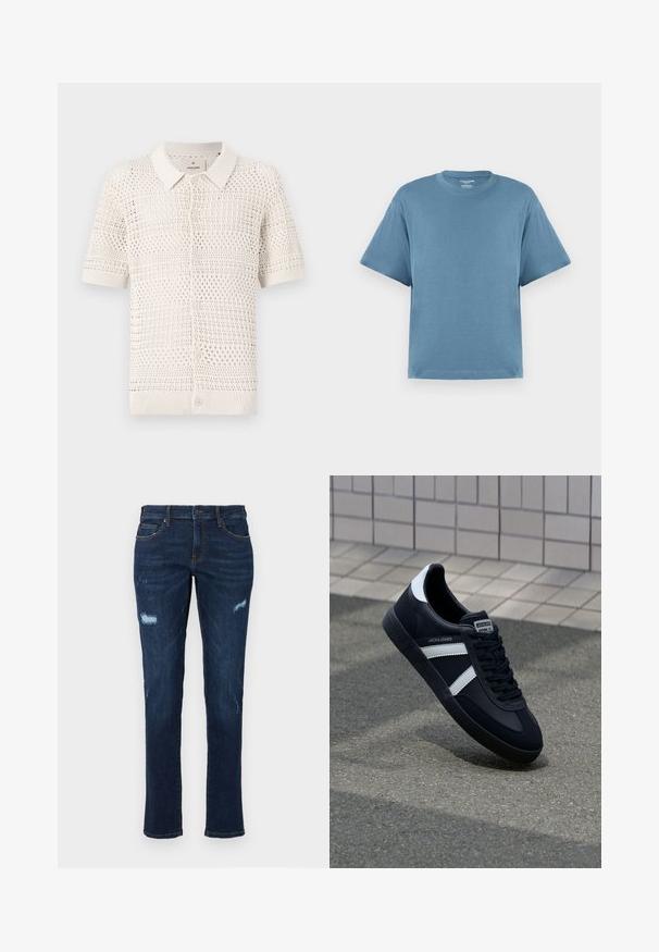 Polo a maniche corte in maglia color beige chiaro con un motivo a trama aperta, dotato di colletto e sei bottoni di chiusura.; T-shirt blu a maniche corte, realizzato in cotone, con scollo rotondo e vestibilità rilassata. Texture liscia, design minimalista, senza motivi o dettagli.; Jeans in denim blu scuro con taglio dritto, caratterizzati da strappi usurati sulle ginocchia, tasche tradizionali e cuciture a contrasto ben visibili.; Sneaker neri in pelle con strisce bianche, suola in gomma texturizzata e allacciatura frontale. Presenta un'etichetta con il marchio sulla linguetta.