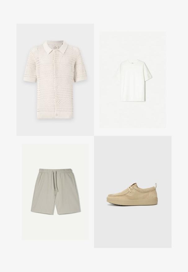 Kratký rukáv, světle béžová pletená polokošile s otevřeným vzorem, s límečkem a šesti knoflíky na zapínání.; Bílý krátký rukáv tričko vyrobené z měkké bavlny. Design s kulatým výstřihem a uvolněným střihem, bez viditelných log nebo vzorů.; Svetle šedé sportovní šortky vyrobené z hladké, prodyšné látky. Mají elastický pas se šňůrkou a jemné boční švy.; Béžové semišové nazouvací boty s kulatou špičkou, minimálním šitím a gumovou podrážkou. Měkká textura s jemným logem na patě.