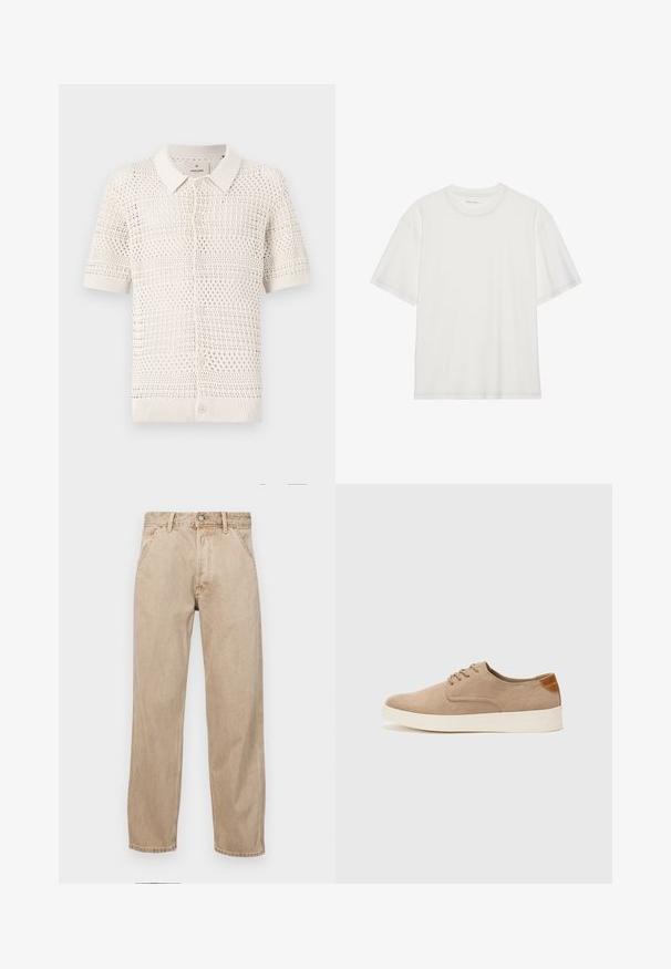 Polo a maniche corte in maglia color beige chiaro con un motivo a trama aperta, dotato di colletto e sei bottoni di chiusura.; T-shirt bianco in cotone con maniche corte, colletto rotondo e dettagli di cucitura a contrasto intorno al colletto e alle maniche.; Jeans in denim beige con un design a gamba dritta, dotati di tasche frontali, chiusura con bottone metallico e una texture delicata.; Sneaker in suede beige con punta arrotondata, stringhe davanti e un accento testurizzato sul retro. La suola in gomma bianca offre un contrasto. Design semplice e moderno.