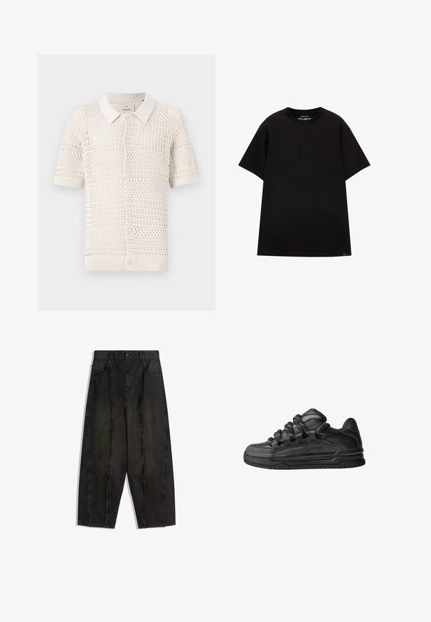 Kurze Ärmel, leicht beiger Strick-Polo-Shirt mit offenem Gewebe-Muster, mit einem kragenförmigen Ausschnitt und sechs Knopfverschlüssen.; PULL&BEAR JOIN LIFE - T-Shirt basic - black; Schwarze weit geschnittene Jeanshose mit sichtbaren Nähten und fransigen Kanten, ausgestattet mit zwei vorderen Taschen und einem hoch geschnittenen Design.; Schwarze Sneakers mit einem glatten Leder-Obermaterial, strukturierten Akzenten und runden schwarz-weißen Schnürsenkeln. Dicke Gummisohle mit einem gemusterten Profil.