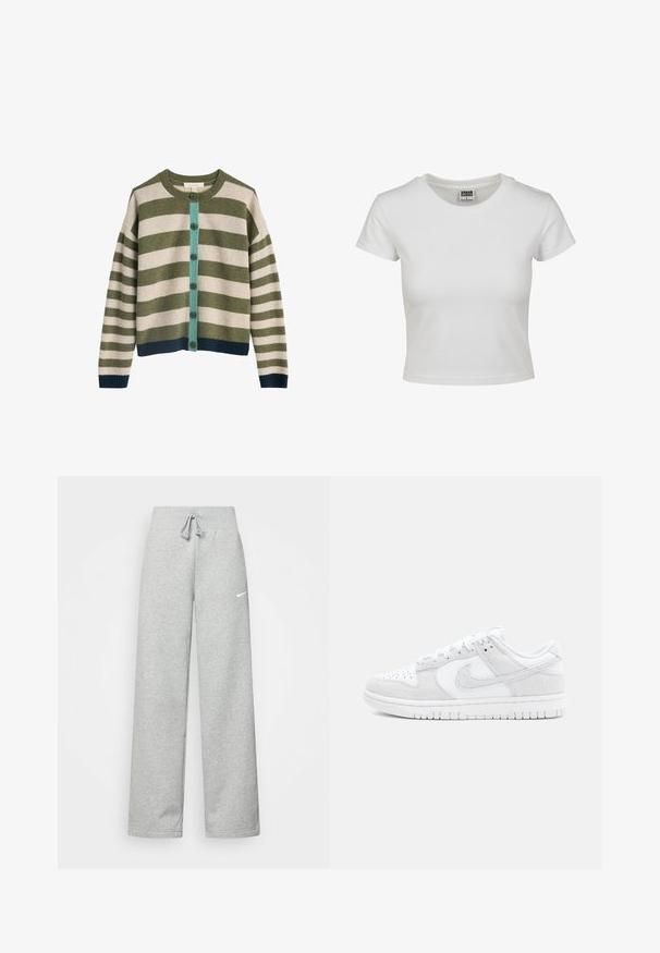 Pasiasty kardigan w kolorach zielonym i beżowym, wykonany z mieszanki wełny. Posiada turkusową listwę z guzikami oraz granatowe ribbowe mankiety i dół. Widoczne sześć ciemnych guzików.; Biała bawełniana koszulka z klasycznym okrągłym dekoltem, krótkimi rękawami i dopasowanym krojem. Brak widocznych wzorów lub akcentów.; Szare dresy z elastycznym pasem, szczegóły ze sznurkiem i małym białym logo Nike na lewej udzie. Miękka tkanina, luźny krój.; Białe sneakersy Nike z mieszanki teksturowanej skóry i zamszu, z niskim krojem, okrągłym noskiem i wzorzystą gumową podeszwą.