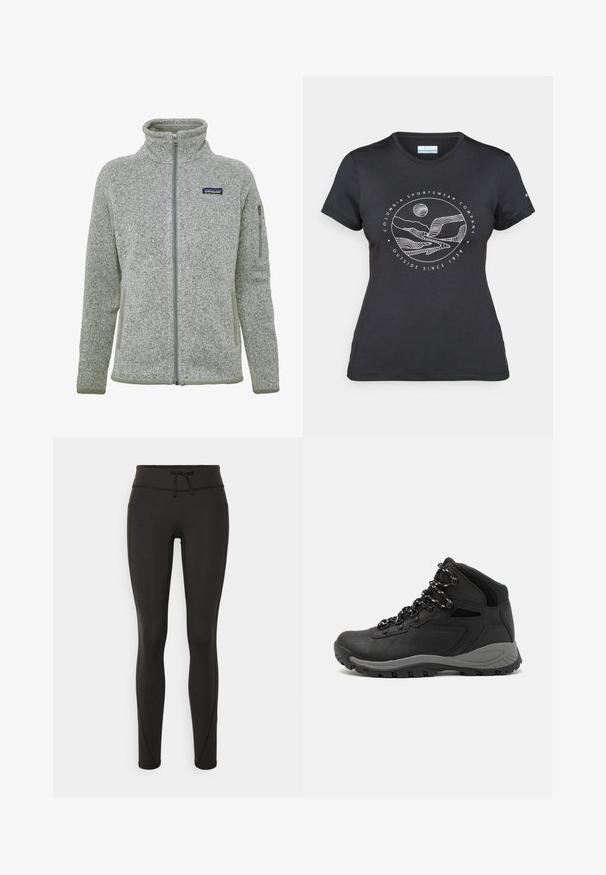 Szürke plüss dzseki magas gallérral, teljes eleji cipzárral és cipzáras zsebekkel. Jellemzője a texturált anyag és a kontrasztos szürke részletek.; Fekete Columbia póló fehér, kör alakú hegy és folyó vonalrajzzal, valamint a "Columbia Sportswear Company Outside Since 1938" felirattal.; Fekete leggings magas derékkal, zsinórral, sima textúrával és testhezálló kialakítással. Oldalt varrási részletekkel rendelkezik.; Fekete túracipő közepes magasságú kialakítással, texturált felsőrésszel, szürke részletekkel és strapabíró gumitalppal, amelynek tapadós kiemelkedései vannak.