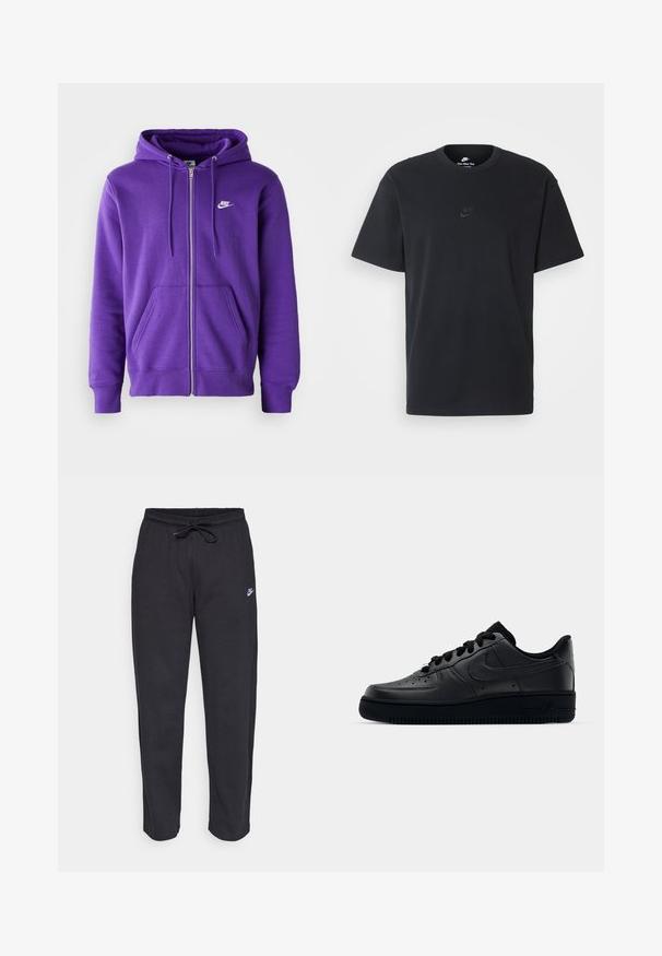 Sweatshirt roxa com fecho éclair, feita de tecido macio, possui um bolso canguru, capuz com cordão e um pequeno logotipo branco no peito.; T-shirt de algodão preto da Nike com um clássico decote redondo, mangas curtas e um logótipo em relevo discreto no peito. Textura suave.; Calças de treino pretas feitas de tecido suave, com faixa elástica na cintura, cordão regulador e um pequeno logótipo da Nike na coxa esquerda.; Sapatilha Nike Air Force 1 preta com parte superior em couro liso, bico perfurado para respirabilidade, atacadores pretos e sola de borracha texturizada.