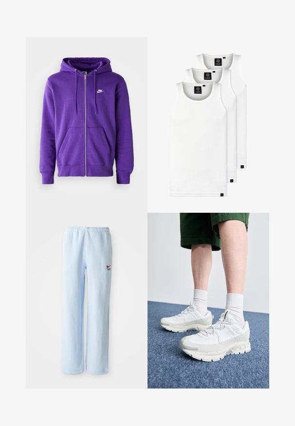 Haut à fermeture éclair violet en tissu doux, doté d'une poche kangourou, d'une capuche avec cordon de serrage et d'un petit logo blanc sur la poitrine.; Trois débardeurs blancs côtelés en coton. Présentent un col rond et de petites étiquettes noires près de l'ourlet. Disponibles en plusieurs tailles.; Pantalons de survêtement bleu clair avec une taille élastique, ornés d'un petit logo Nike rouge et du texte "Département Athlétique". Matériau en coton doux.; Des chaussures de sport blanches avec des superpositions texturées, une semelle épaisse et des accents gris. Portées avec des chaussettes blanches et des shorts verts sur une surface bleue.