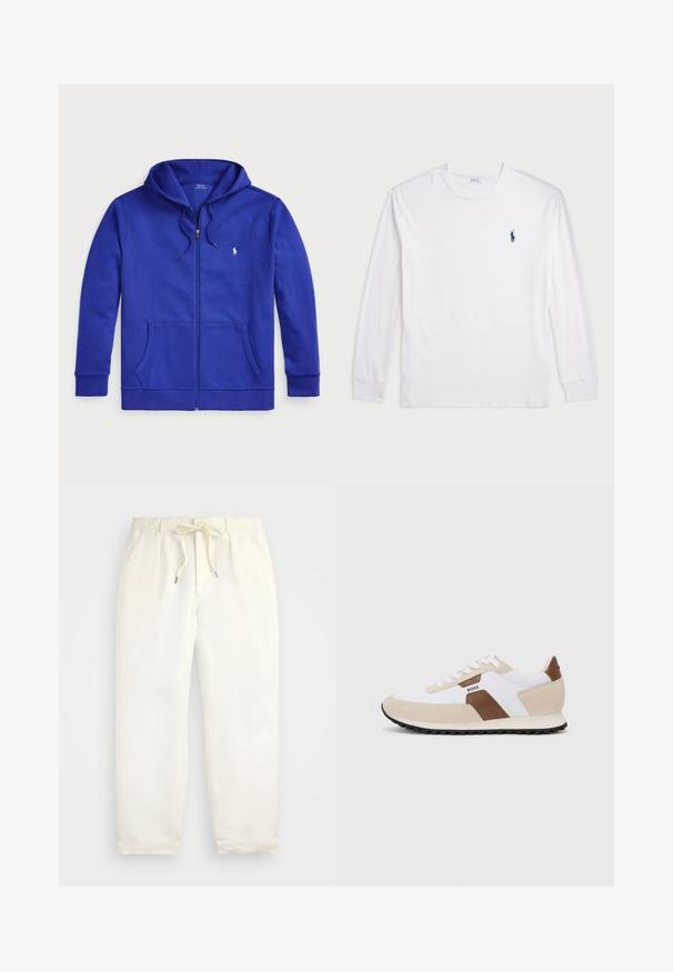 Βασιλικό μπλε φούτερ με φερμουάρ, κατασκευασμένο από μαλακό ύφασμα, με κουκούλα που ρυθμίζεται με κορδόνι, μπροστινές τσέπες και ένα μικρό κεντητό λογότυπο στο στήθος.; Λευκό μπλουζάκι μακρυμάνικο από βαμβάκι. Διαθέτει στρογγυλή λαιμόκοψη, ριμπ μανσέτες και μικρό λογότυπο στη ναυτική μπλε απόχρωση στην αριστερή πλευρά του στήθους.; Απαλή κρέμα, χαλαρές παντελόνες φτιαγμένες από μαλακό ύφασμα. Διαθέτουν ελαστική μέση με κορδόνι, και σχέδιο κωνικού ποδιού.; Αθλητικά παπούτσια με συνδυασμό λευκού διχτυωτού υφάσματος και μπεζ σουέτ, με καφέ δερμάτινη λεπτομέρεια. Στρογγυλή μύτη, επίπεδη ελαστική σόλα και σχέδιο με κορδόνια.