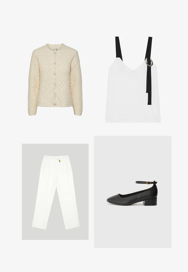 Svetr s dlouhými rukávy, krémové barvy, s texturovaným diamantovým vzorem, s vlnitým límcem a pěti ozdobnými perlovými knoflíky vpředu.; Bílý top bez rukávů s výstřihem do V, vyznačující se černými pásky a stříbrným kroužkovým detailem. Hladký materiál a moderní, minimalistický design.; Bílé kalhoty s širokým střihem vyrobené z hladké látky. Mají zapínání na jeden žlutý knoflík a sklady na přední straně. Bez viditelných kapes.; Černé kožené lodičky s špičatou špičkou a nízkým blokovým podpatkem. Obsahují pásek kolem kotníku se zlatou sponou. Hladký povrch.