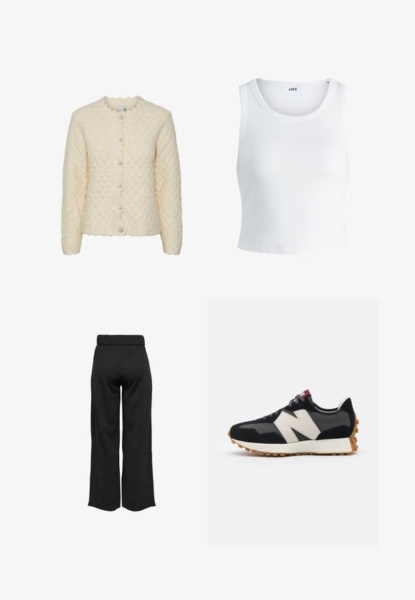 Langärmlige, cremefarbene Strickjacke mit einem strukturierten Rauten-Muster, gewelltem Kragen und fünf dekorativen Perlenknöpfen auf der Vorderseite.; Weißes, geripptes Tanktop mit rundem Halsausschnitt, ärmellosem Design und kurzer Länge. Das Etikett trägt die Aufschrift "JJXX". Glatte Stoffstruktur.; Schwarze, weit geschnittene Hose mit elastischem Bund, aus glattem Stoff gefertigt. Hat ein cleanes Design ohne Taschen oder sichtbare Nähte.; Schwarze und graue Wildledersneaker mit einem großen cremefarbenen "N"-Logo, lila Schnürsenkeln und einer strukturierten Gummisohle.